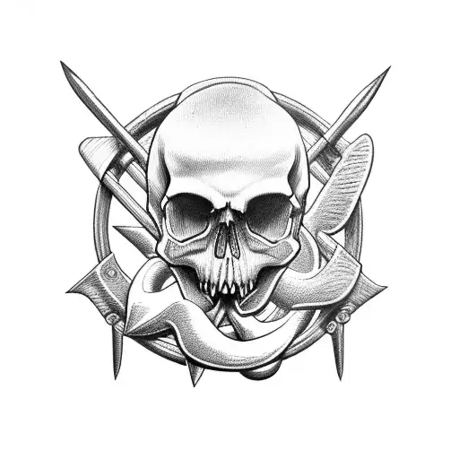 Skull With A Trident Stuck Coming Out Of The Mouth