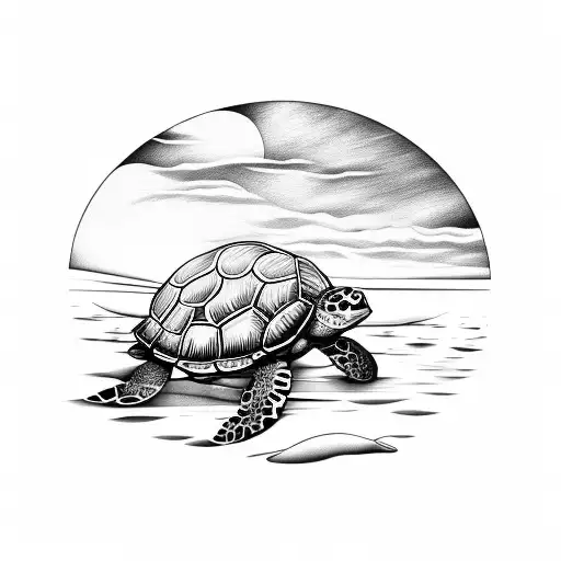 Turtle On The Beach With Sunset In The Background