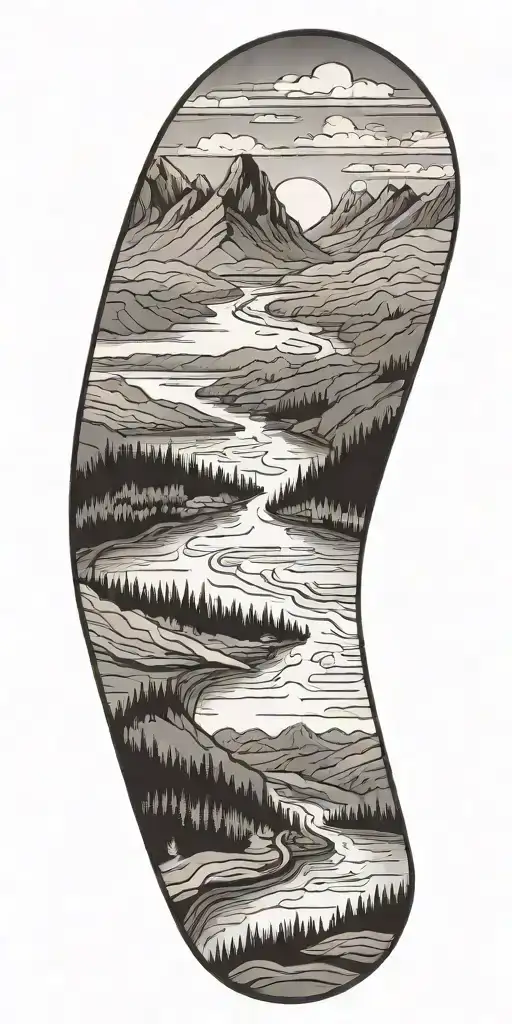 Fret Board Winding Like A Road With River And Mountains Either Side