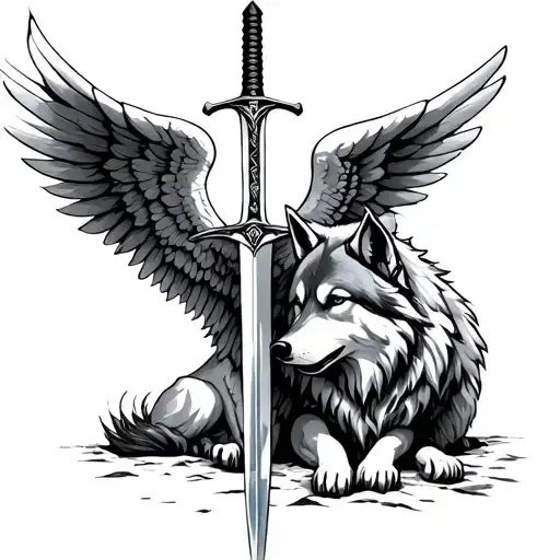 Angel Wing With Sword And A Wolf