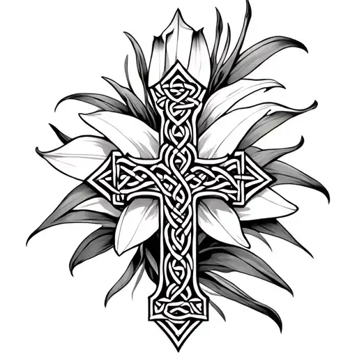 Celtic Cross With Tiger Lily In Background Black