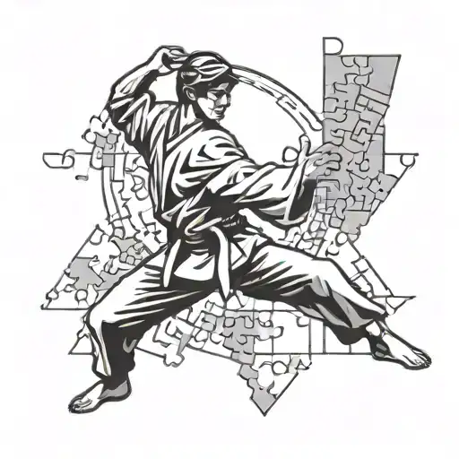Design A Tattoo Of A Karate Kid Practicing Martial Arts With Puzzle Pieces Forming The Background