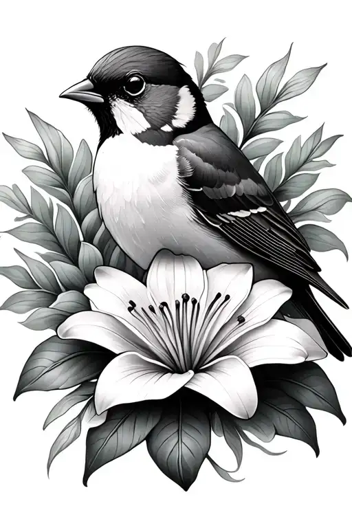 Sparrow And Lily Flower Tattoo