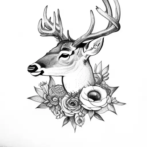 Deer With Two Heads And One Of The Heads Is Decaying With Flowers In The Antlers