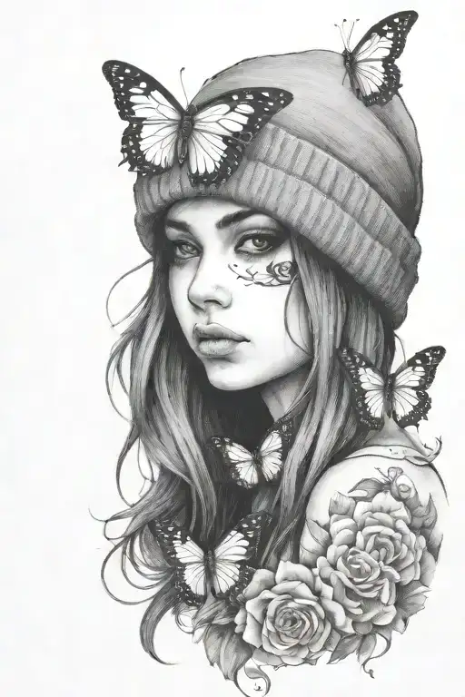 Emo Girl In A Beanie With Butterfly Resting