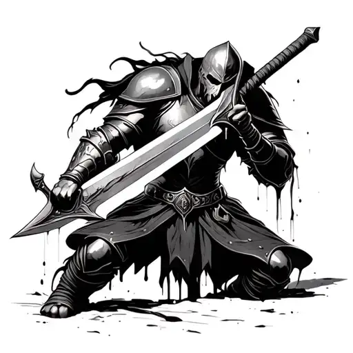 Human Warrior Weilding A Sword Wearing Complete Armour And Bleeding