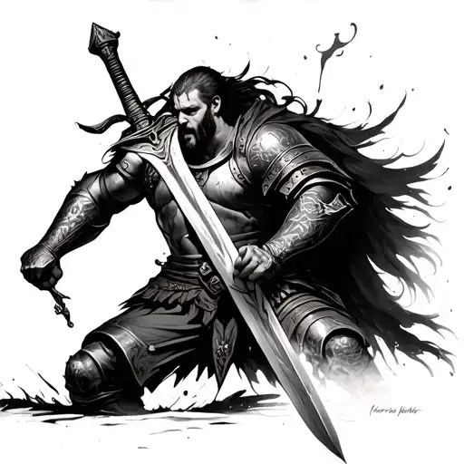 Human Warrior Weilding A Sword Wearing Complete Armour And Bleeding With Arm Tattoo Vikings Style