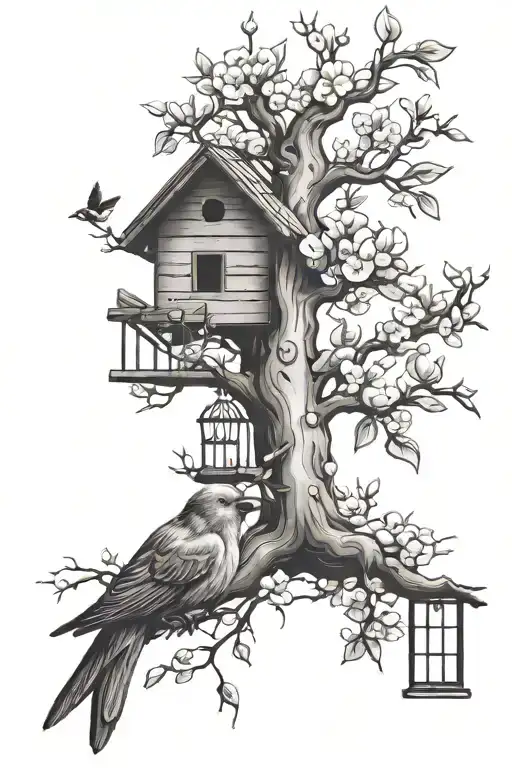 Plum Tree With A Bird House With A Bird Singing