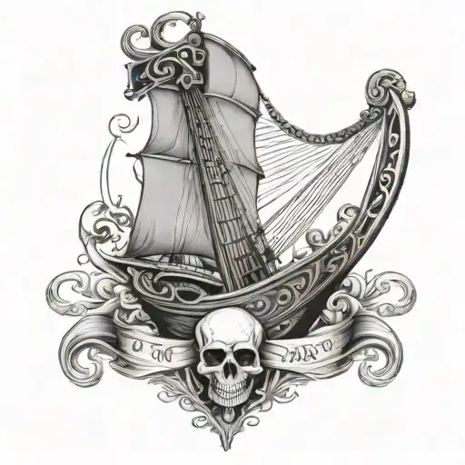 Irish Harp With One Skull And Bones As A Ship Mast On The Front