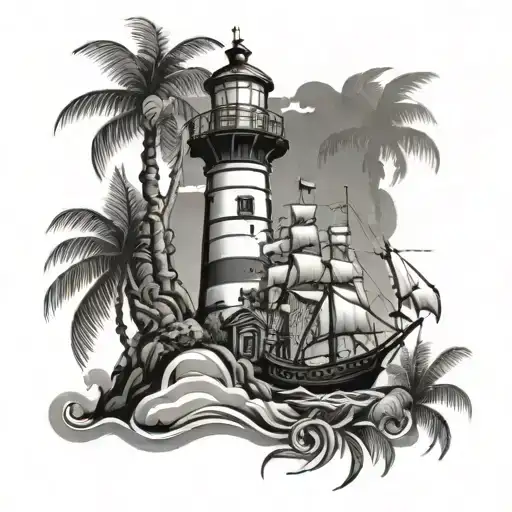 Lighthouse With Palm Trees And Pirate Skeleton In Cage