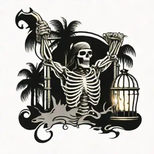 Palm Trees And Pirate Skeleton In Cage Shattered