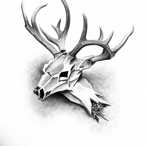 Deer Skull With Fangs And Extra Antlers Breathing Out Smoke With Red Eyes Staring At The Viewer