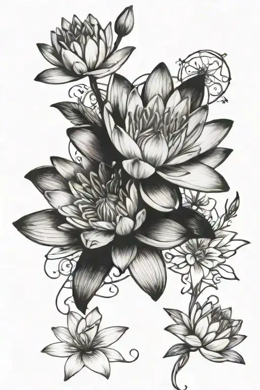 Water Lily And Larkspurs Flower Tattoo