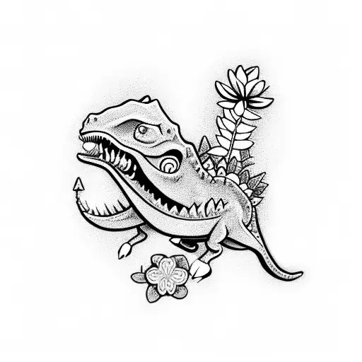 Cartoon Dino With Flowers