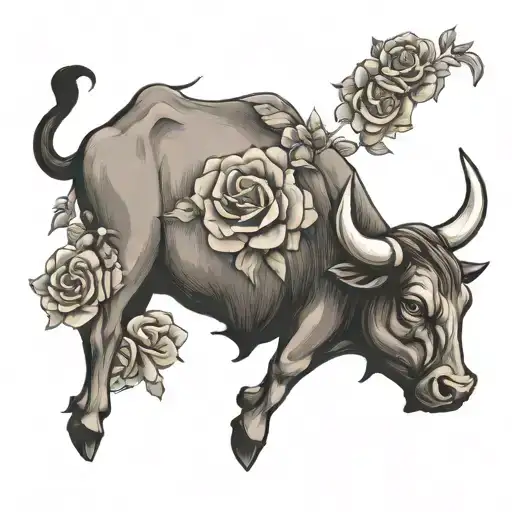 Tattoo Symbolizing The San Fermin Festival With A Bull From The Side And Some Roses