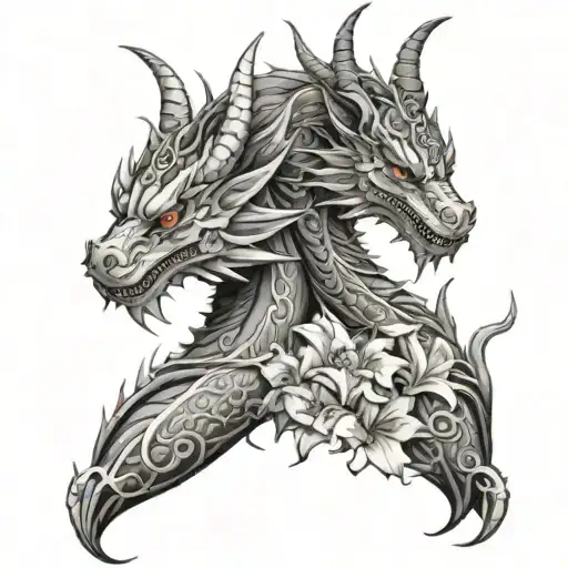 Two Dragons With Cat Ears And Lots Of Lilies Blooming Along