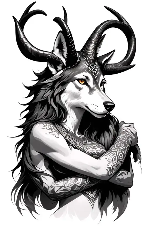 Antelope Horn With Wolf Face And Sanke Wrapped Arms Around Herself