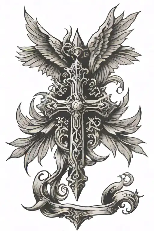 Cross With Angle Wing With A Thorn Crown On It