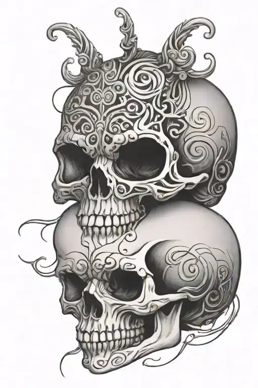 Scary Skull Made Of Calligraphic Style Lines Eating A Small Realistic Baby