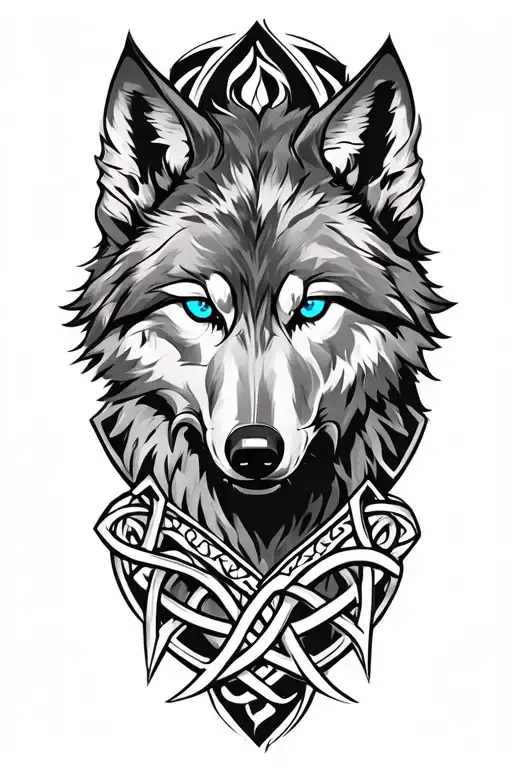 Wolf With Blue Eyes On Armor Tattoo Design Featuring Celtic Trinity Knot
