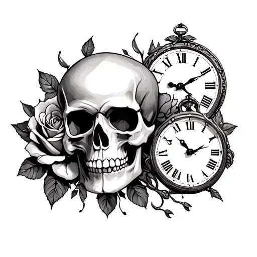 Skull And Roses With A Clock