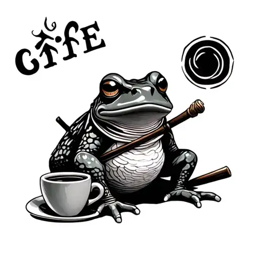 Samurai Frog With Coffee Cup Surrounded