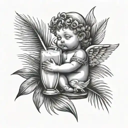 Combine A Medieval Baby Angel Drinking Coconut Cocktail With Palm Leaf In The Background