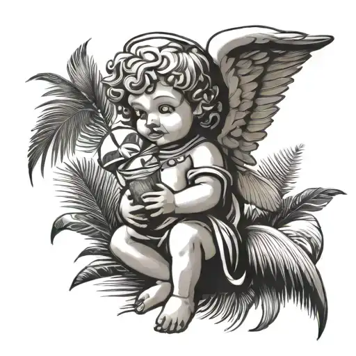 Combine A Beautiful Medieval Baby Angel Drinking Coconut Cocktail With Palm Leaf In The Background