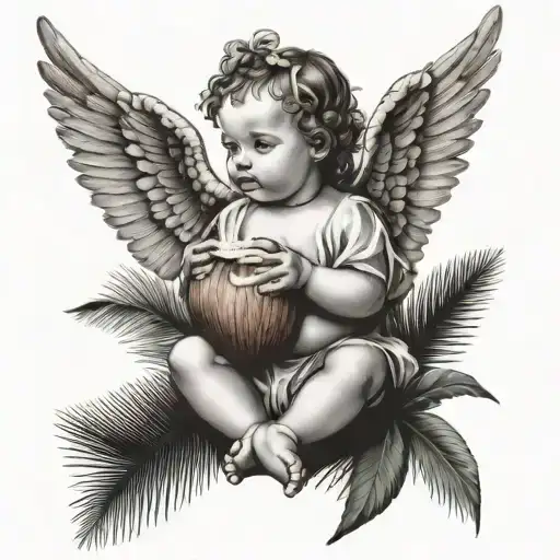 Combine A Beautiful Medieval Baby Angel Drinking Coconut With Palm Leaf In The Background