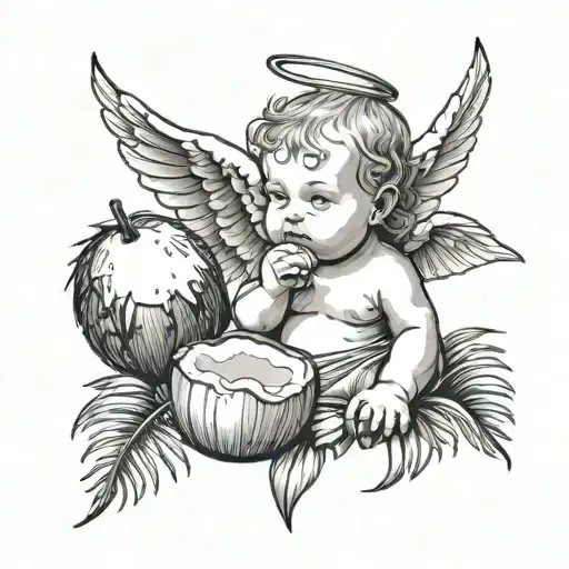 Combine A Beautiful Medieval Baby Angel Drinking Coconut With Palm Leaf In The Background
