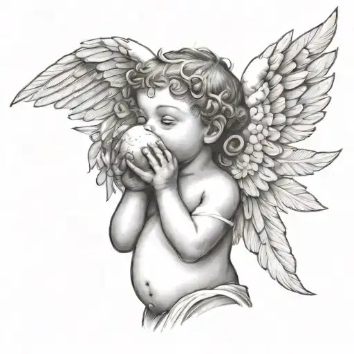 Combine A Beautiful Medieval Baby Angel Drinking Coconut With Palm Leaf In The Background