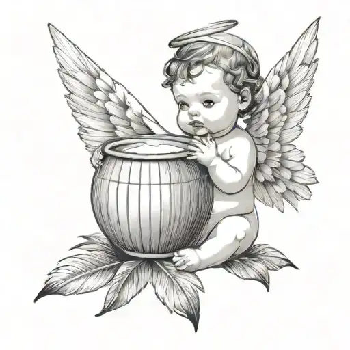 Combine A Beautiful Medieval Baby Angel Drinking Coconut With Palm Leaf In The Background