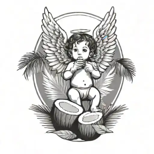 A Baby Angel Flying While Drinking Coconut With A Strawl And With Palm Leaves In The Background
