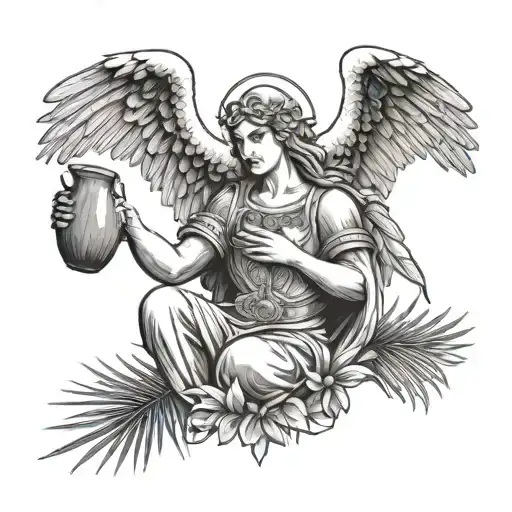 A Medieval Angel Flying While Drinking Coconut With A Strawl And With Palm Leaves In The Background