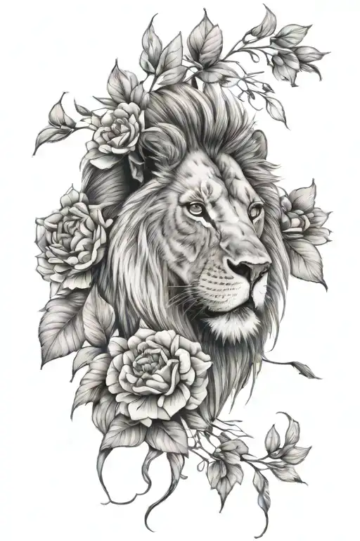 Lion With Blue Eyes Surrounded By Flowers