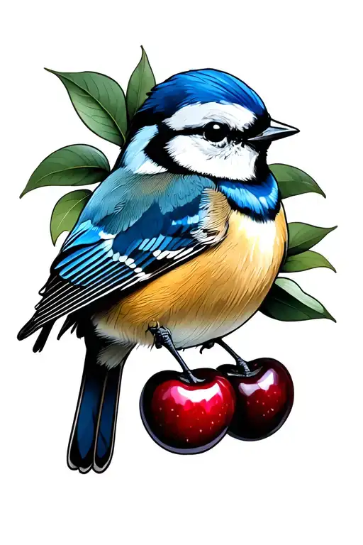 Robin Bird And Blue Tit Sitting On A Cherry