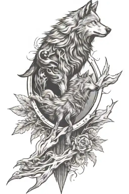 Wolf Silhouette With A Child Walking