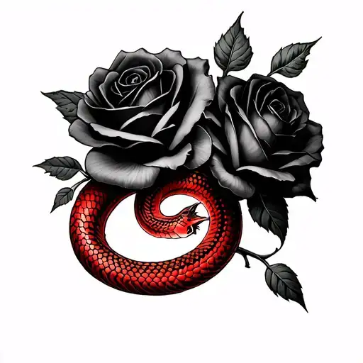 Black Roses With Red Snake Running Through Collarbone
