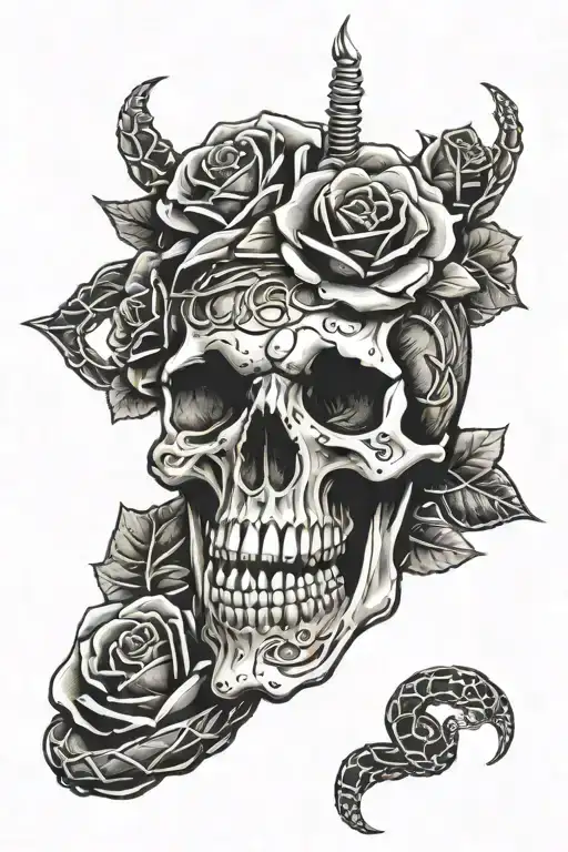 Skull With Snake Wrapped Around With Roses And Barbed Wire
