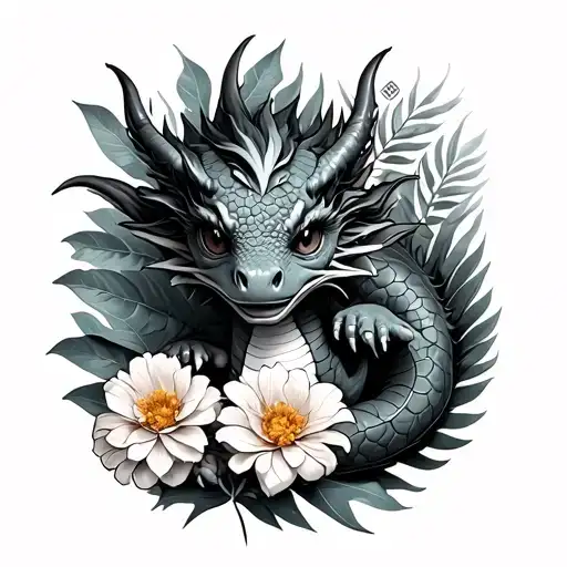 Create An Image Of Baby Dragon Surrounded With By Marigold And Monstera With Asian Flare