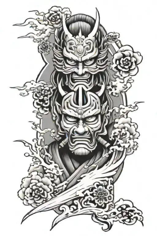 Create A Half Sleeve With A Mix Of Samurai Masks And Japanese Kanji Characters