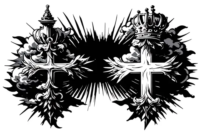 Cross With Crown Surrounded By Clouds And Rays Of Light