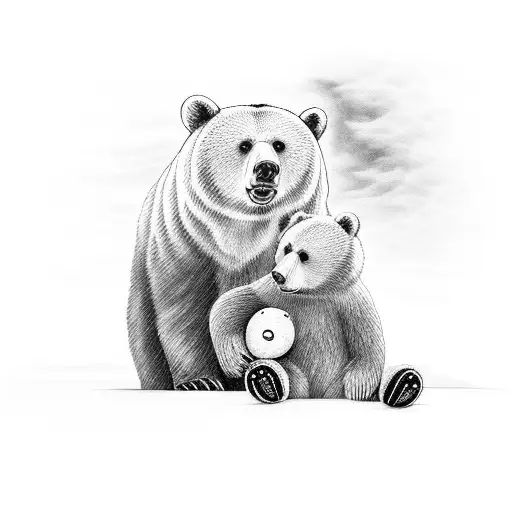A Mother Bear Cuddling Her Teddy Bear Cub In A Black And Grey Realistic Style