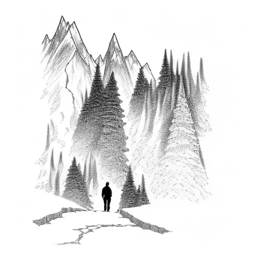 Mountain Path Landscape With A Man Walking Through A Doorway Towards The Mountains