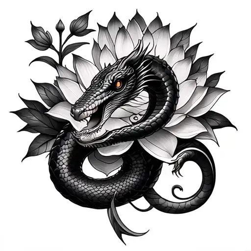 Cobra With Om And Lotus Flower Blooming