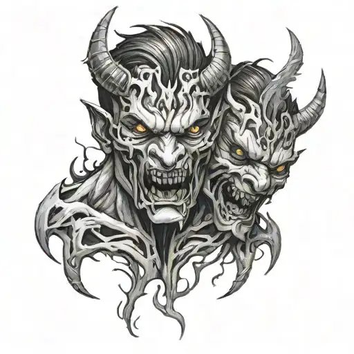 Two Connected Demon Faces Tearing Away From Eachother