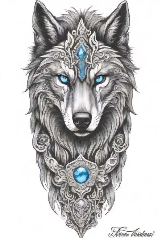 Majestic Black Wolf Armor Tattoo Design With Blue Eyes