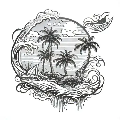 Palm Tree With Totom Pole Of Water Waves And Alligator And Bear And Deer
