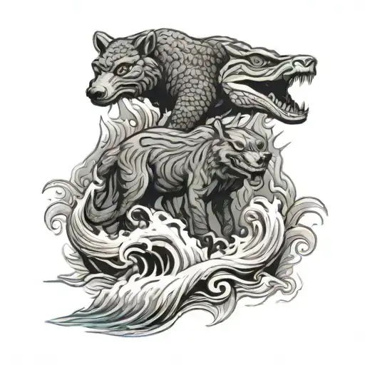 Tropics With Totom Pole Of Water Waves And Alligator And Bear And Deer