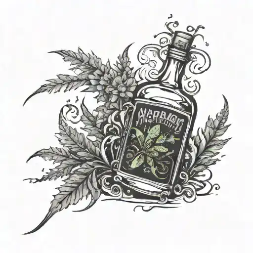A Surreal Scene Of A Whiskey Bottle Morphing Into A Weed Plant With Comic Book Style Lettering